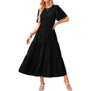 Women's Flowy Midi Dress Viscose Short Sleeve Smocked Tiered Casual Wear